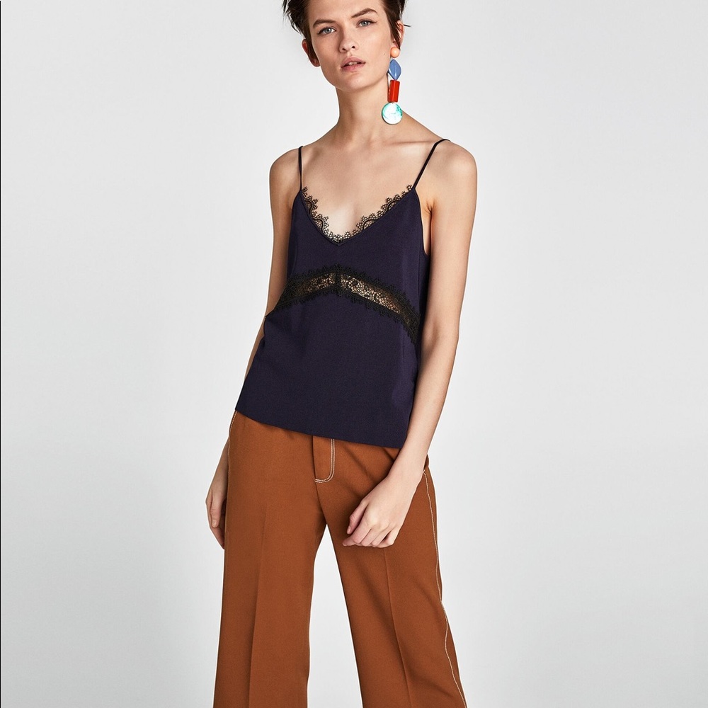Zara Navy Blue Lace Trim V-Neck Strappy Cami Top